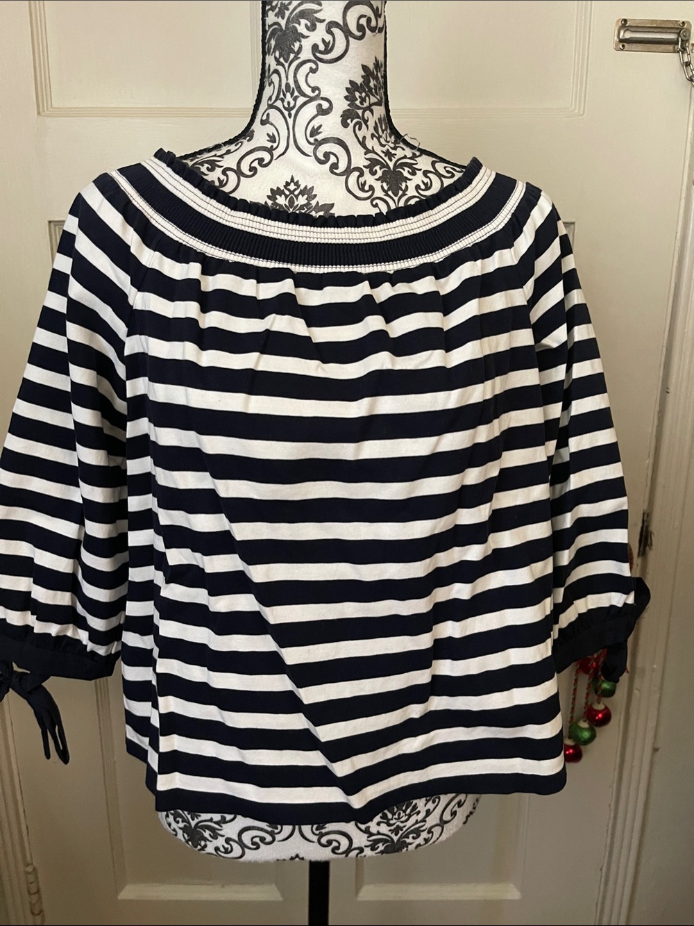 J. Crew Navy and White Striped Off-Shoulder Top